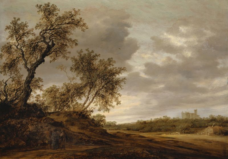 Paisaje con un camino bañado por el sol y vegetación exuberante de Jacob Salomonsz. van Ruysdael, óleo sobre lienzo