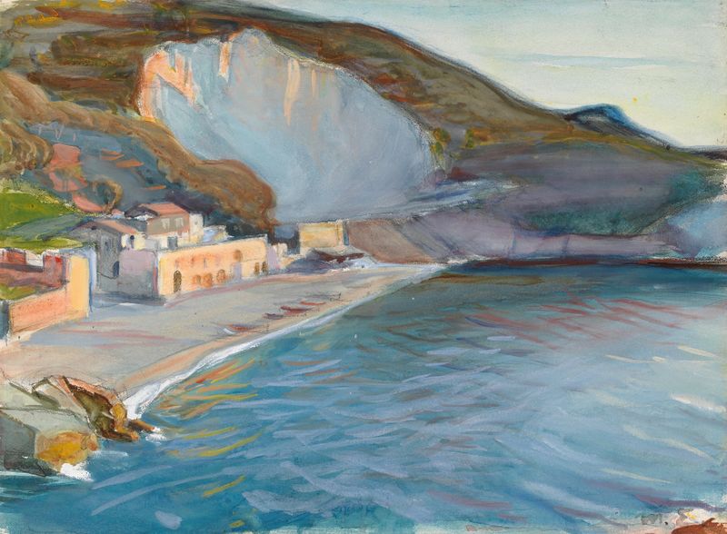 Shore Landscape from the Naples Region de Magnus Enckell, óleo sobre tela representando um mar sereno e horizonte.