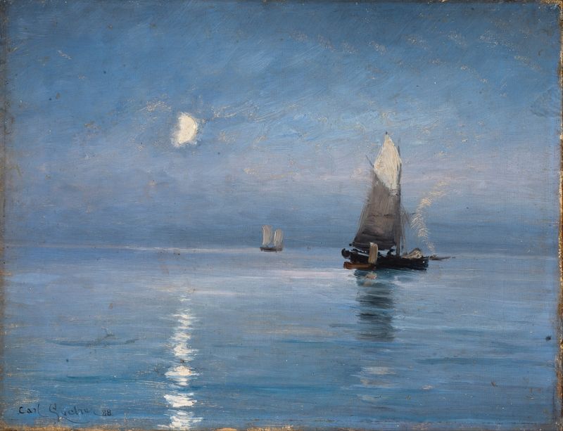 Fishing cutters in the moonlit night, oil on canvas by Carl Locher