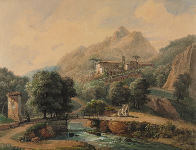Landscape featuring an abbey, oil painting by Jean-Victor Bertin