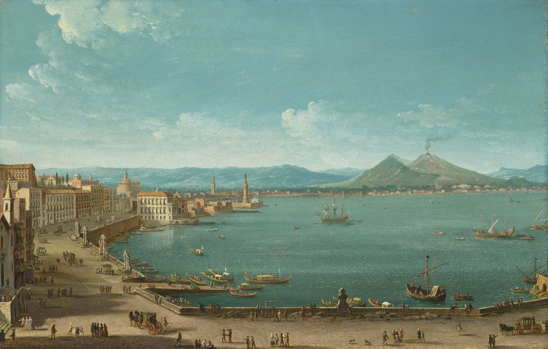Rococo oil painting by Antonio Joli depicting fishermen in Naples with Vesuvius.