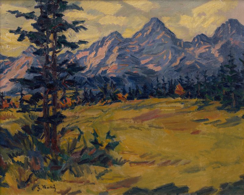 Tatras Landscape by Gustáv Mallý, oil painting depicting mountains under a serene sky