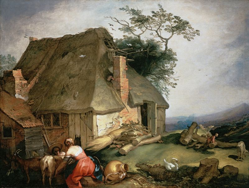 Genre scene depicting peasants milking goats in a cottage, oil painting by Abraham Bloemaert