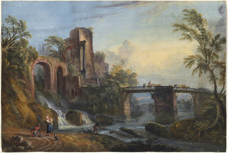 Paisaje al amanecer con ruinas clásicas, óleo sobre lienzo de Jean-Baptiste Lallemand