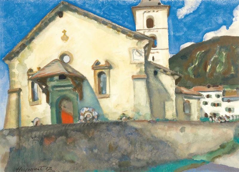 Valaisan Church de Aloys Hugonnet, óleo sobre tela, retratando uma capela rural com luz de vitrais.