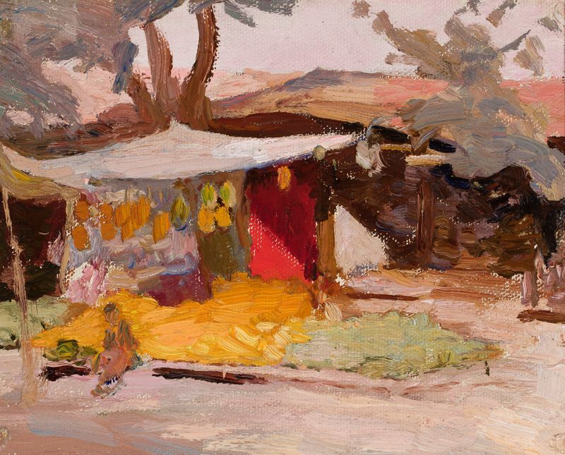Natureza morta de frutas em um mercado, pintura a óleo de Jan Ciągliński