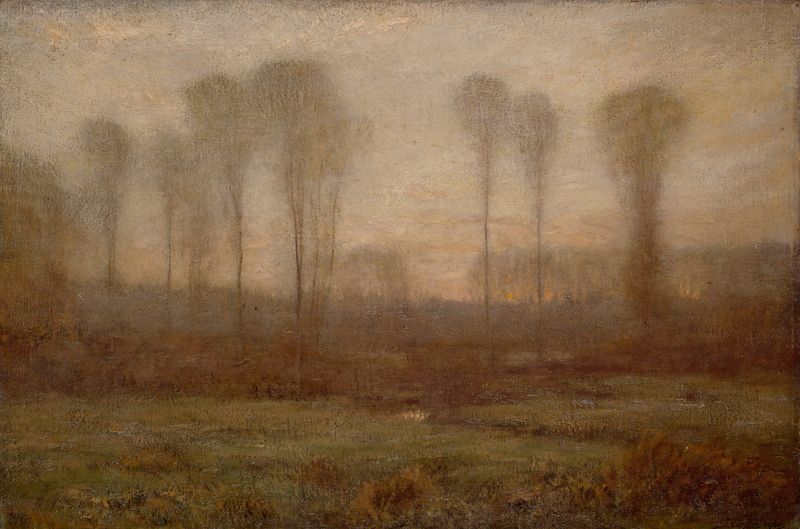 Pintura a óleo de Dwight William Tryon representando o amanhecer com suaves tons de lavanda e ouro.