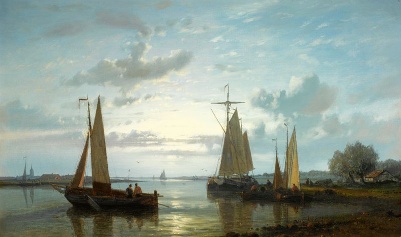 Fishing Boats On The Scheldt, pintura a óleo de Abraham Hulk, mostrando barcos em um rio com reflexos de luz do sol.