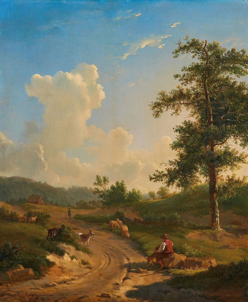 Landscape featuring a girl at twilight, oil painting by Eugène Joseph Verboeckhoven