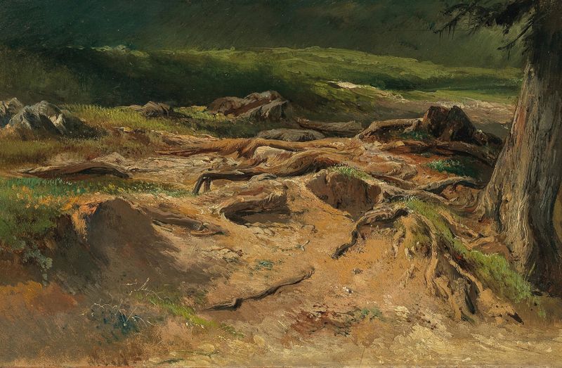 Waldstudie by Carl Franz Emanuel Haunold, oil on canvas depicting a lush forest scene.