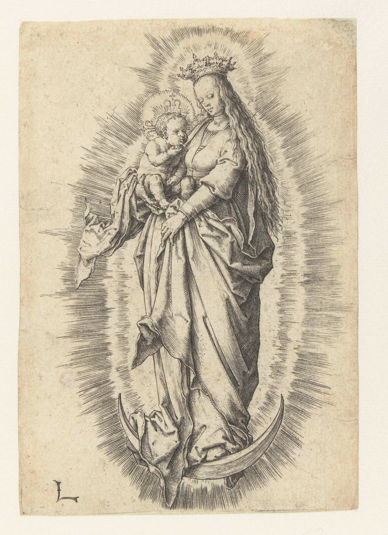 Grabado de Lucas van Leyden que representa a la Virgen María con el niño Jesús, luz dorada