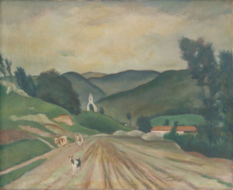 Impressionism landscape by Július Schubert depicting a river and village at sunset