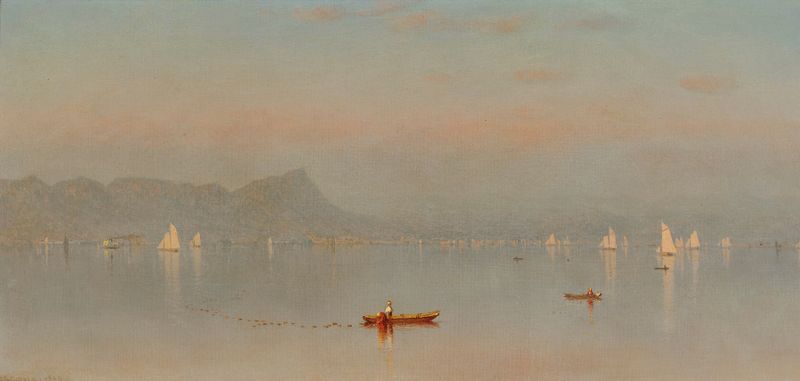 Haverstraw Bay oil painting by Sanford Robinson Gifford depicting a tranquil river scene