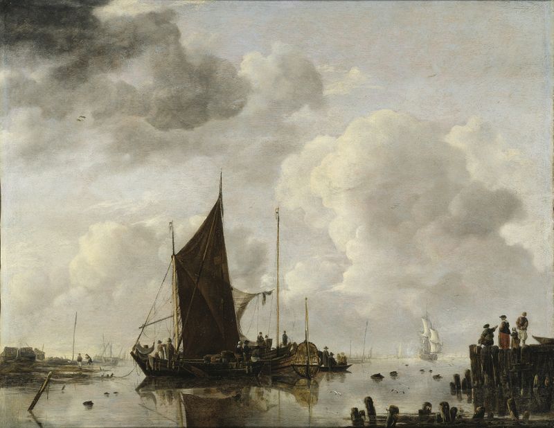 Harbour scene with ships and reflections in water, oil on canvas by Jan van de Cappelle