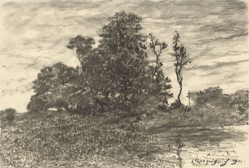 The Pond at Les Luneaux, oil on canvas by Henri-Joseph Harpignies, featuring trees and water reflections.