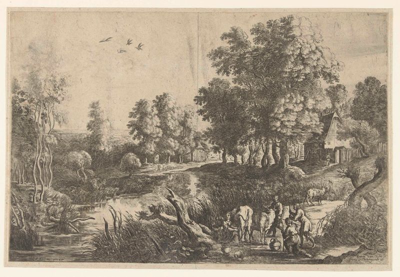 Farmers with cattle by a brook, etching by Lucas van Uden