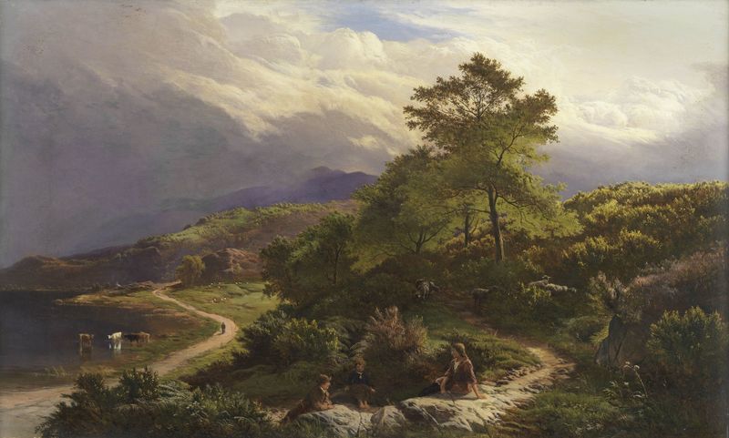 Figuras descansando em uma paisagem montanhosa, óleo de Sidney Richard Percy