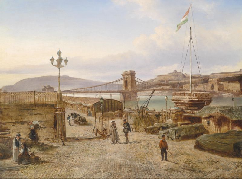 Landscape oil painting by Elias Pieter van Bommel depicting rooftops at dusk.