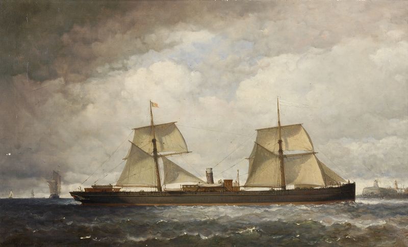 Oil on canvas by Henri François Schaefels depicting a steamship navigating the river