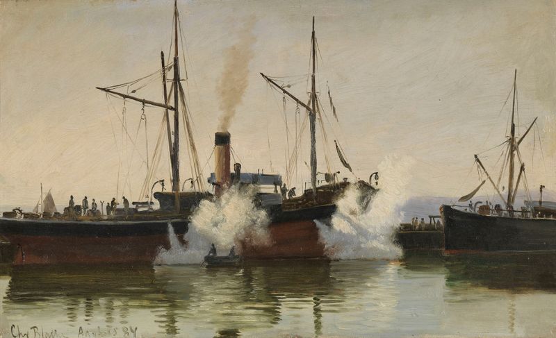 Escena marina con un barco de vapor en el puerto, óleo de Christian Blache