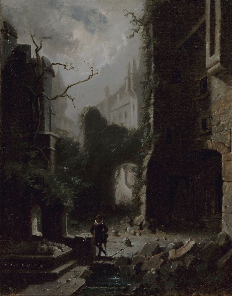 Moonlit scene with castle ruins, oil painting by Carl Spitzweg