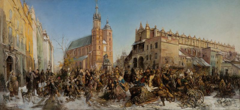 Escena de género que representa un mercado en Cracovia, pintura al óleo de Hipolit Lipiński