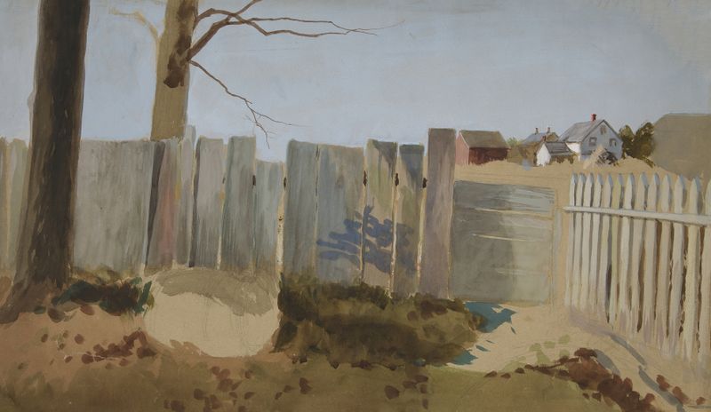 Country scene by Edwin Austin Abbey, oil on canvas, featuring a farmhouse, fence, and fields.