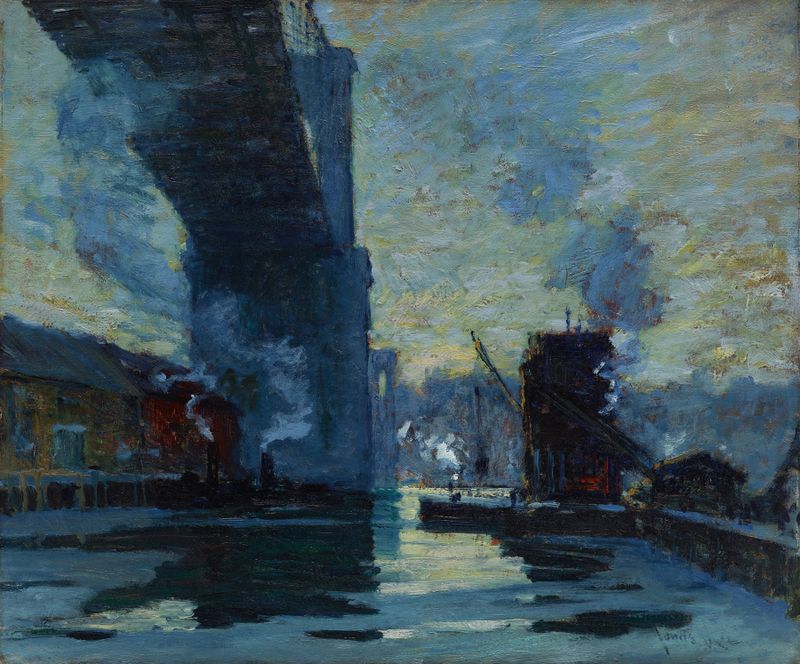Paisagem impressionista de The Bridge por Jonas Lie, com folhagem de outono e água.