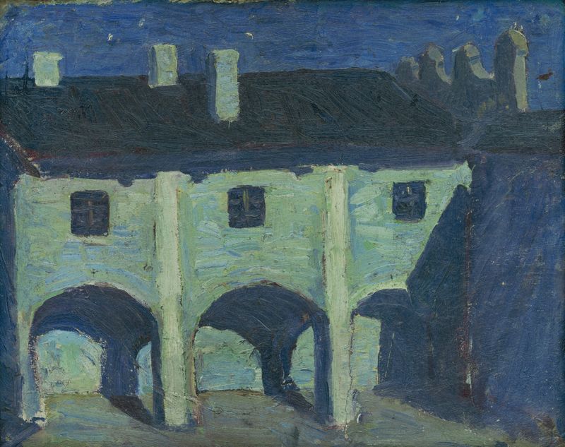 Landscape of a courtyard with sunlight on cobblestones by Frida Konstantin, Impressionism