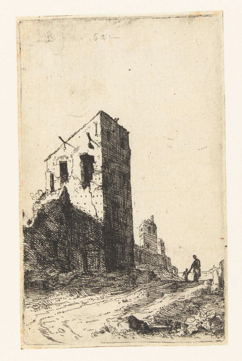 Villa van de keizers te Rome, etching by Bartholomeus Breenbergh, featuring lush greenery and tranquil waters.