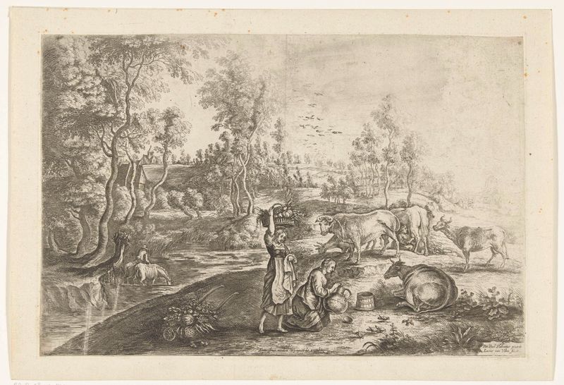 Gravura de Lucas van Uden mostrando uma fazenda e vegetação exuberante