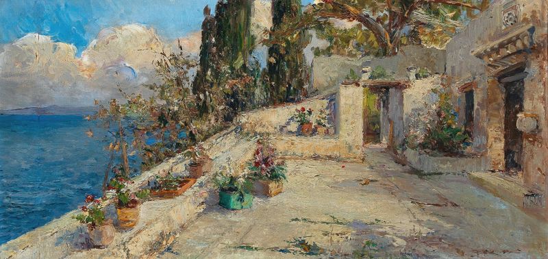 Landscape oil painting by Leontine von Littrow featuring a terrace and flora