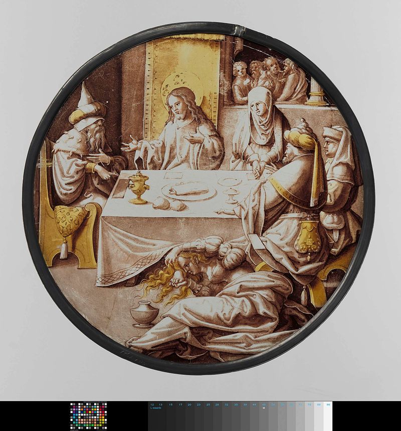 Het Gastmaal bij Simon te Bethanië, obra en plomo de Unknown Artist que representa un banquete con figuras iluminadas.