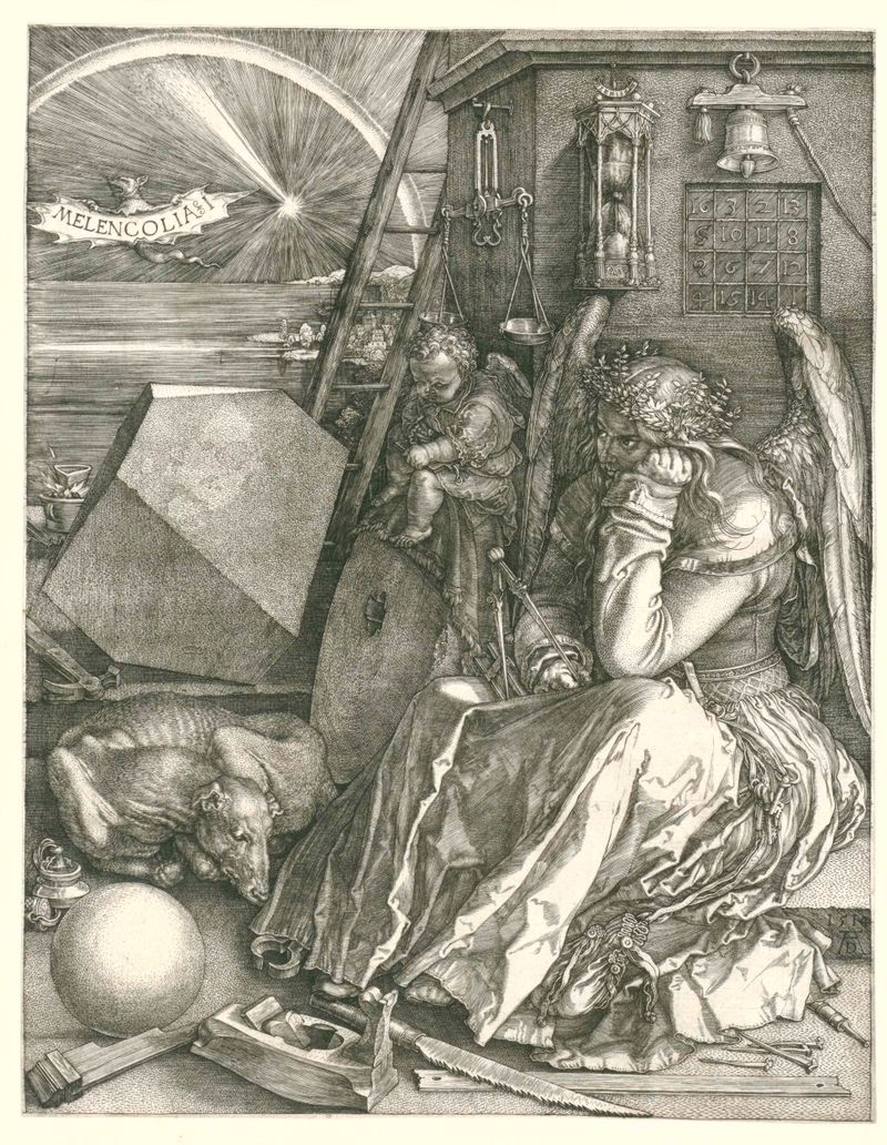 Engraving by Albrecht Dürer depicting a figure of melancholy surrounded by geometric shapes.