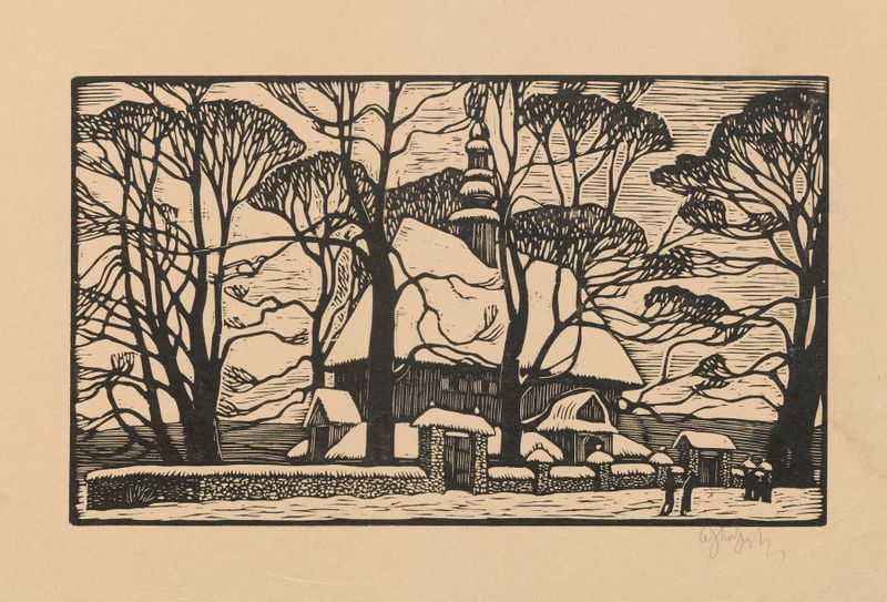 Winter landscape featuring a church by Władysław Skoczylas, oil painting