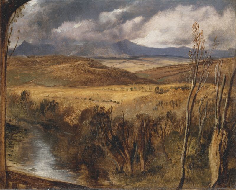 A Highland Landscape de Sir Edwin Henry Landseer, pintura a óleo que retrata um sereno loch e montanhas.