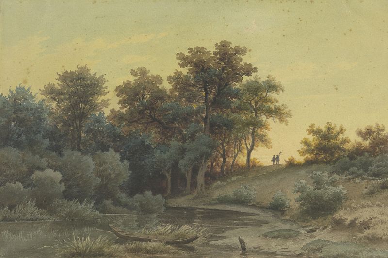 Serene landscape with river at twilight, oil on canvas by Jakob Maurer
