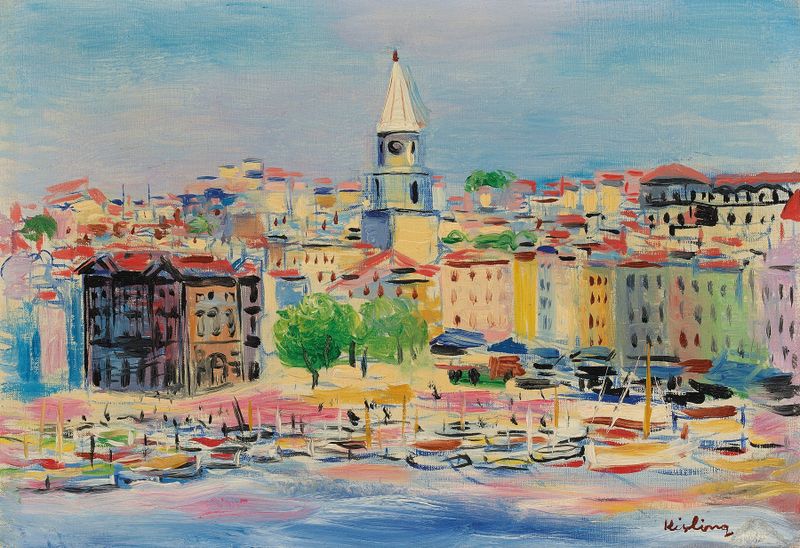 Cena marinha com barcos em um porto, pintura a óleo de Moïse Kisling