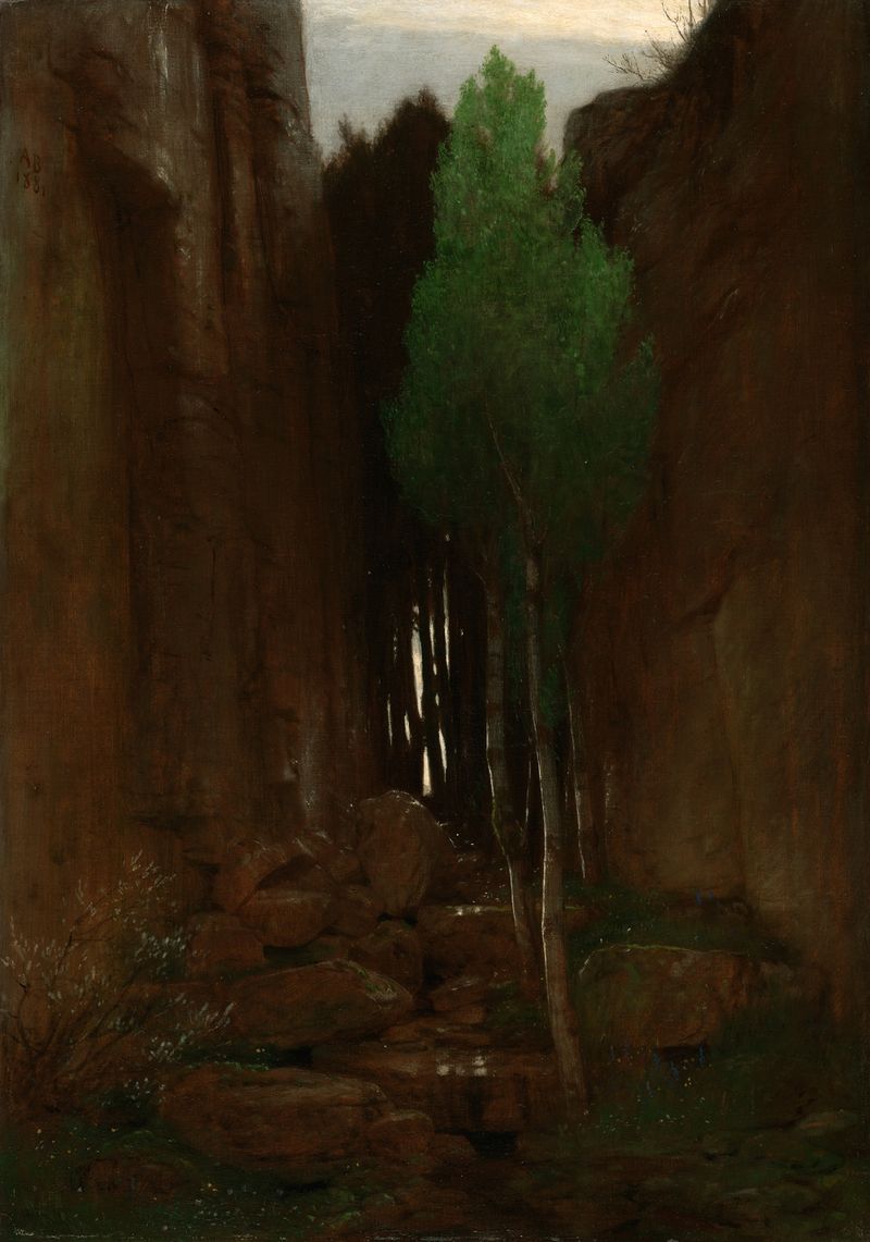 Spring in a Narrow Gorge by Arnold Böcklin, oil painting depicting a vibrant waterfall and lush landscape.