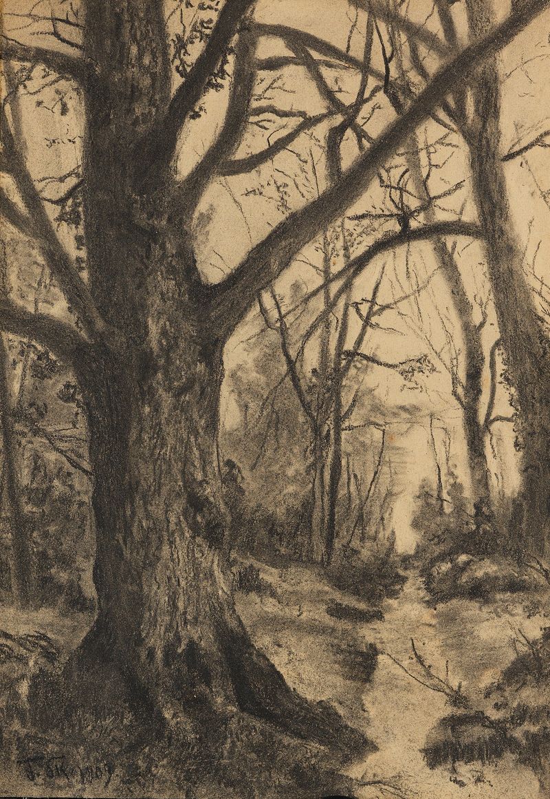 Waldweg by Franz Skarbina, Impressionism, depicting a forest path with light and trees.