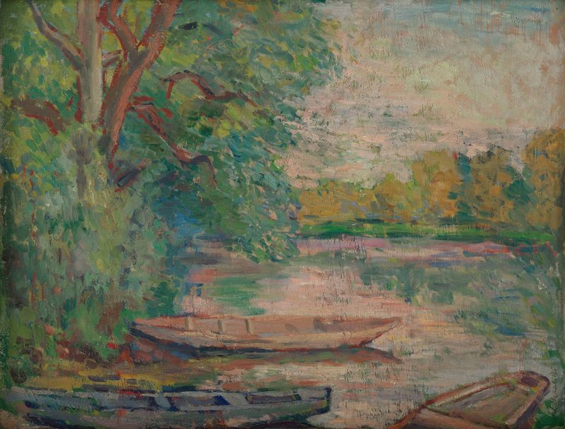Boats on the Lake by Leonard Pękalski, impressionism, depicting boats and reflections on water