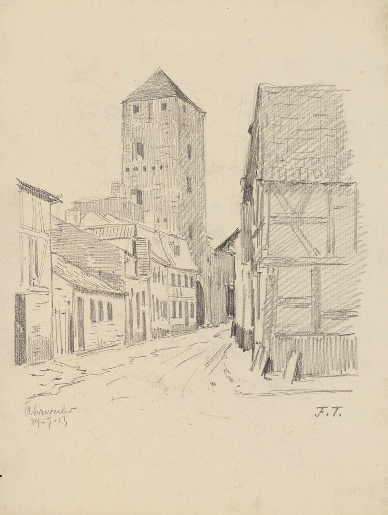 Ruelle et tour carrée à Ahrweiler, oil on canvas by Jean-François Taelemans, depicting a serene village alley.