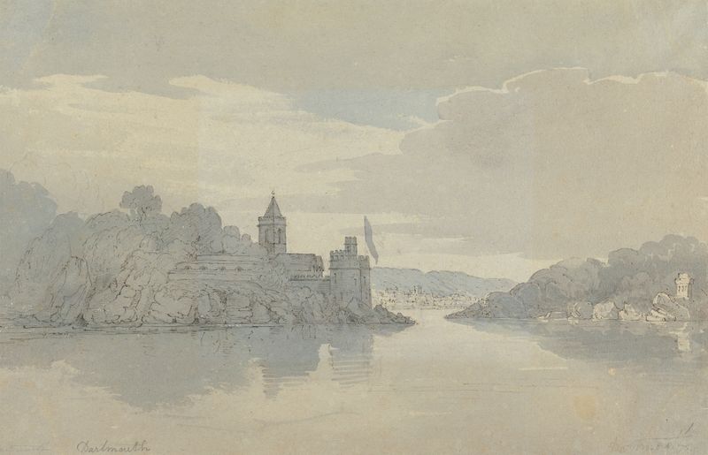 Dartmouth Castle by John Baverstock Knight, oil on canvas, showcasing rugged stone walls and a dramatic sky.