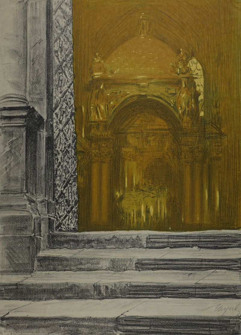 Saint Stanislaus by Leon Wyczółkowski, oil painting of a figure in golden robes illuminated by divine light.