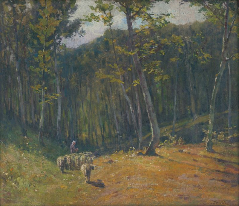 Forest scene with sheep grazing, oil painting by Ľudovít Čordák