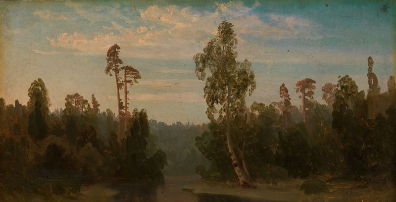 Estudio de Paisaje con un Lago de August Cappelen, pintura al óleo que muestra un lago sereno al crepúsculo.