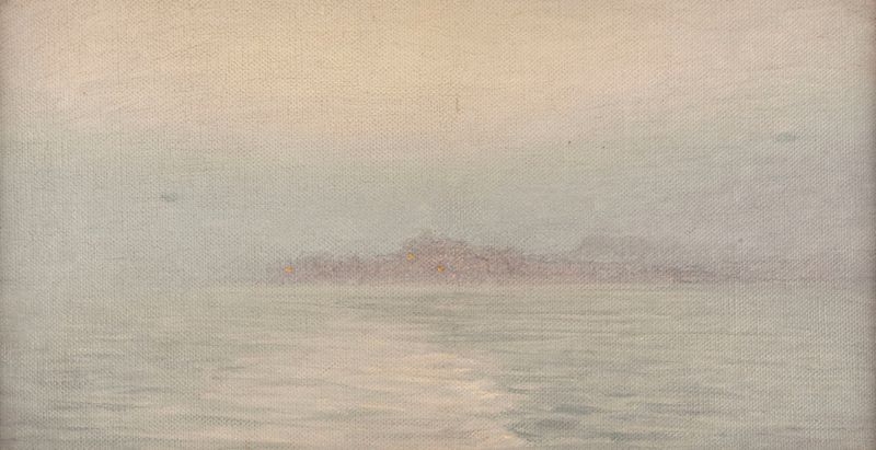 Óleo sobre lienzo de Henry Brokman que muestra un mar brumoso con olas y luz suave.