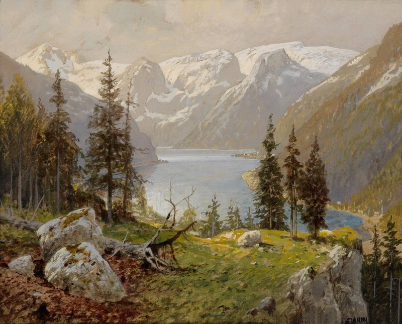 Landscape of Hallstädter See by Georg Janny, oil on canvas
