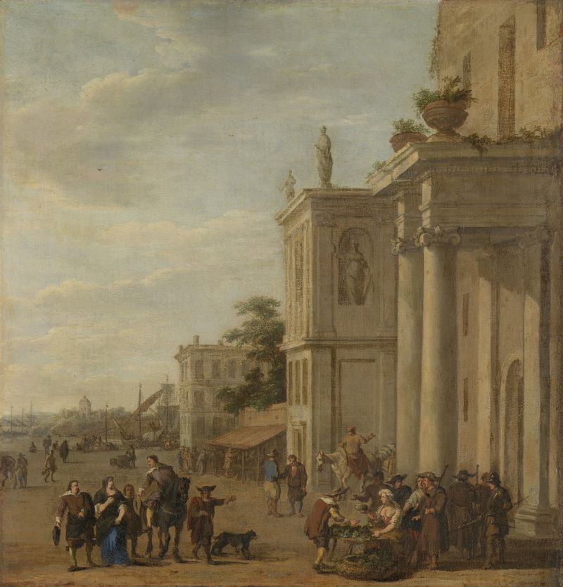 Italian marketplace by Jacob van der Ulft, oil on canvas depicting lively figures trading.