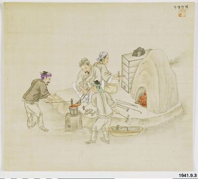 Korean Traditional genre scene depicting blacksmiths at work by Kim Jun-geun